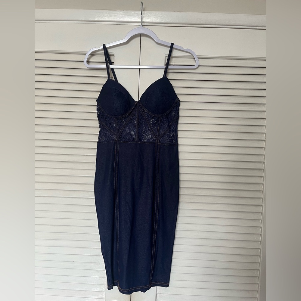 Dark Denim Lace panel Bodycon Dress Western Vaquera